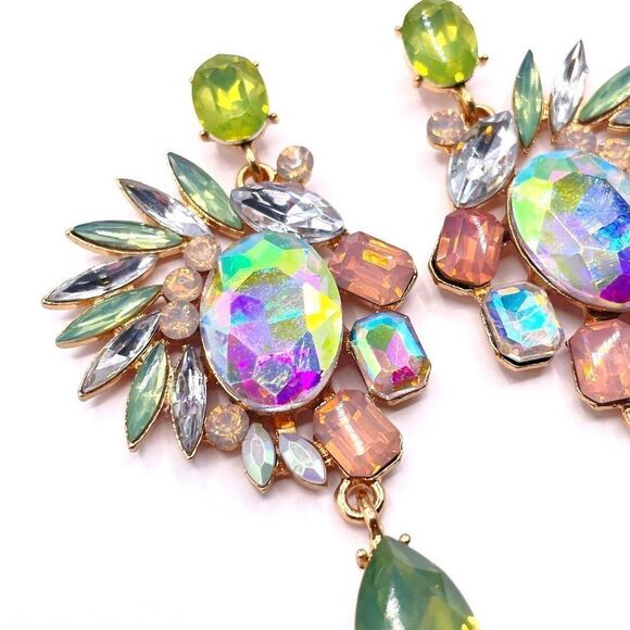 Yellow Gold with Multicolor Pastel Crystal Art Deco Style Post Back Earrings - Picture 4 of 6